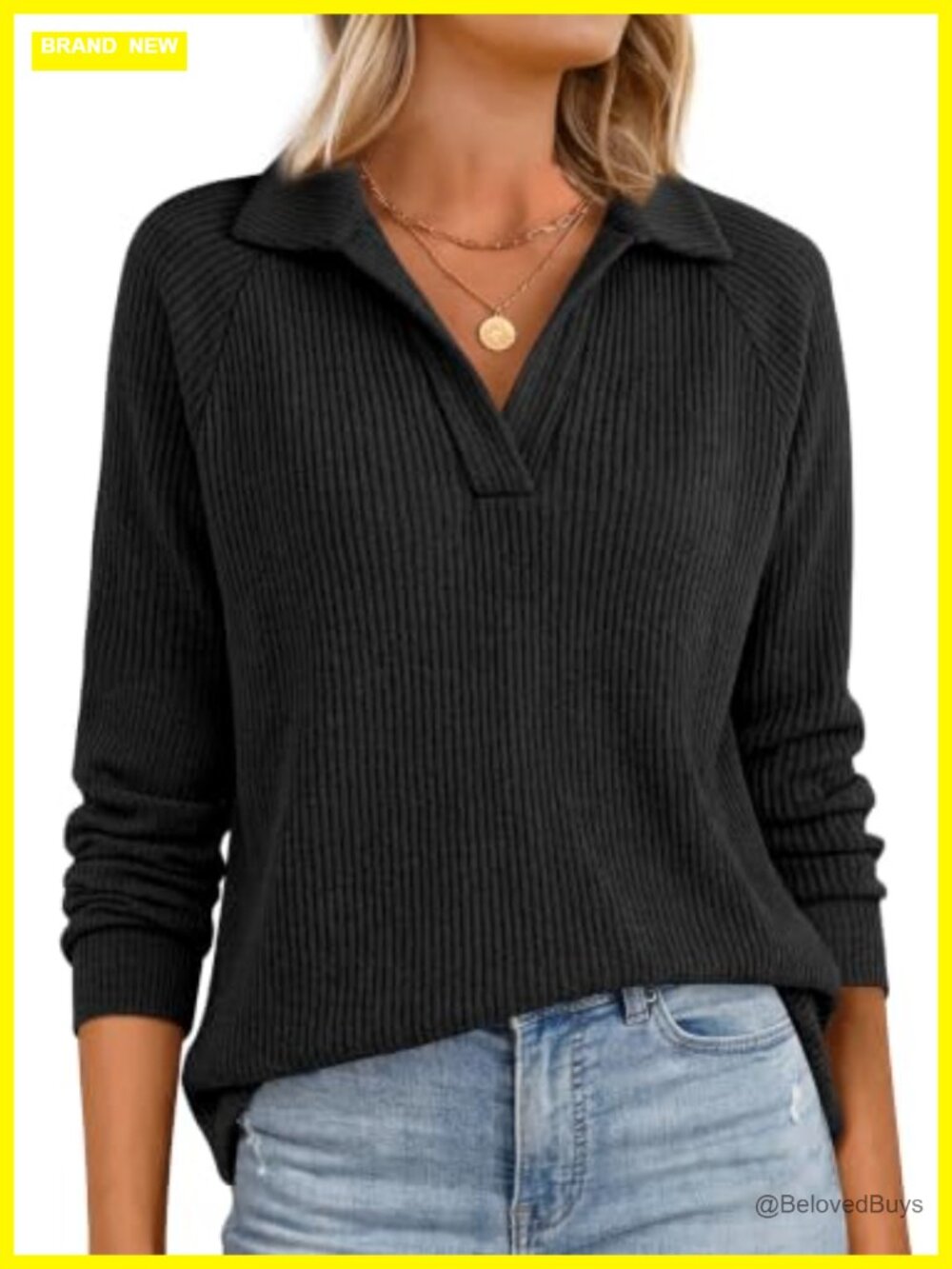 Women's Ribbed Knit V-Neck Polo Top Long Sleeve Pullover Casual Fall